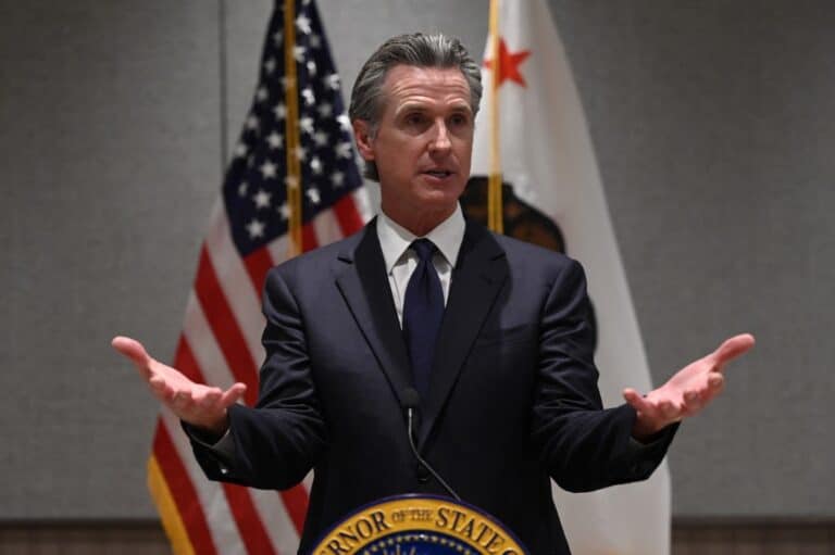 Governor of California Gavin Newsom speaks during a press conference in Beijing on October 25, 2023. (Photo by WANG Zhao / AFP)