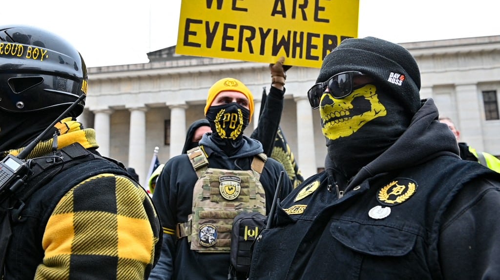 Members Of The Proud Boys, An Extremist Group Rallied In Front Of The Ohio State Capitol Building In Columbus, Ohio In Remembrance Of Ashli Babbitt One Of The People Killed During The January 6th Riot At The US Capitol January 6th, 2024.(Photo by Zach D Roberts/NurPhoto) (Photo by Zach D Roberts / NurPhoto / NurPhoto via AFP)